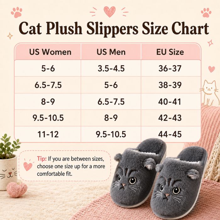 Size chart plush slippers cat