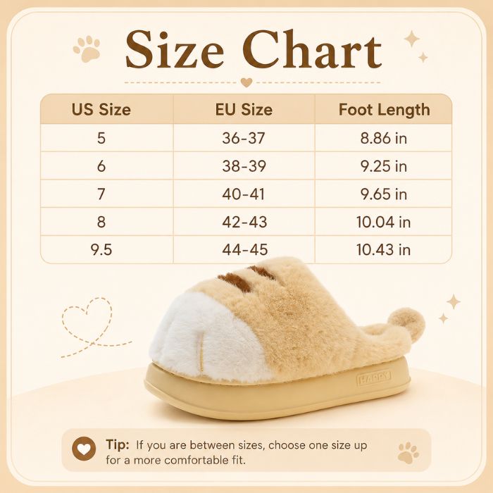 Size chart plush cat paw slippers 
