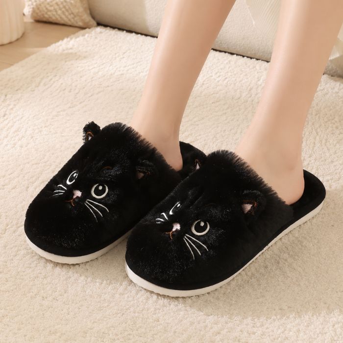 cat plush slippers black