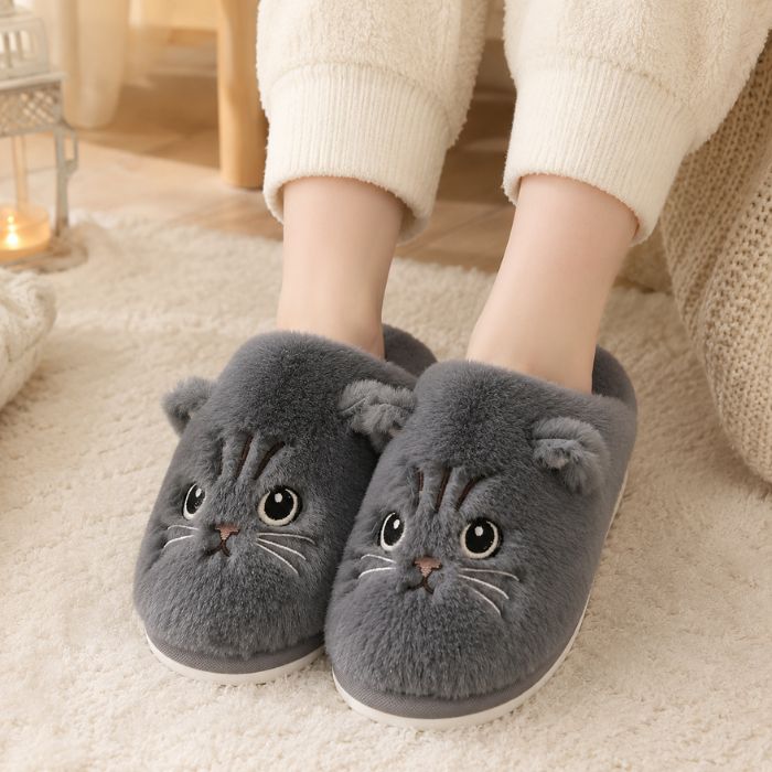 cat plush slippers gray