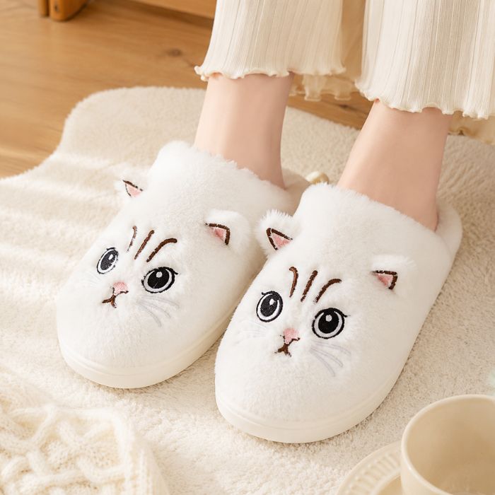 cat plush slippers white